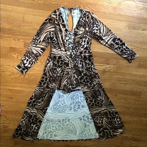 Leopard/animal print romper with cape, cross-cross front, stretchy, Venus, L